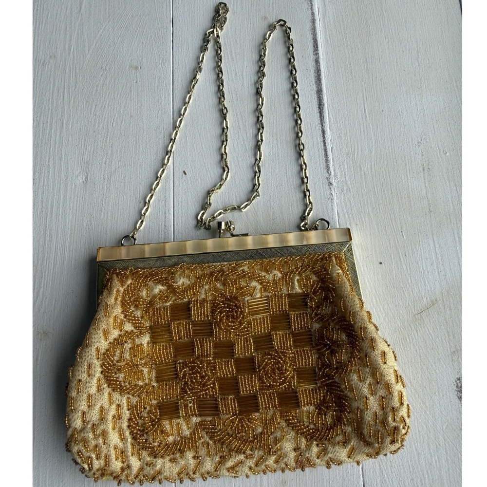 Vintage Fine Arts Bag Co Gold Beaded Evening Purse Hong Kong Chain